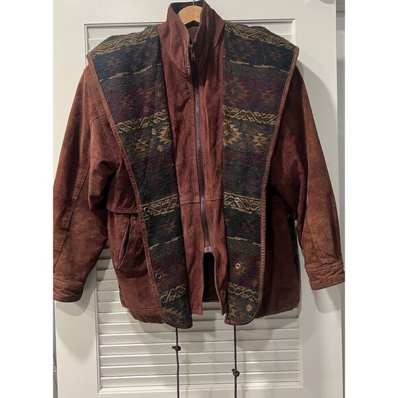 VTG Adventure Bound Suede Western Thinsulate Navajo Aztec Tribal Hooded Jacket - Picture 1 of 11